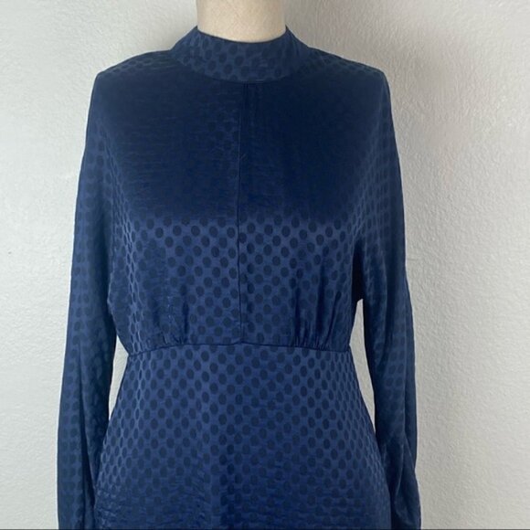 Zara Mini Dress S Satin High Mock Neck Tie Polka Dot Long Sleeve Navy Blue Black - Picture 4 of 15